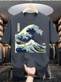 Men's Summer Pure Cotton Casual Loose Kanagawa Surfing Art Print Comfortable Sports Round Neck Short Sleeved T-Shirt Top