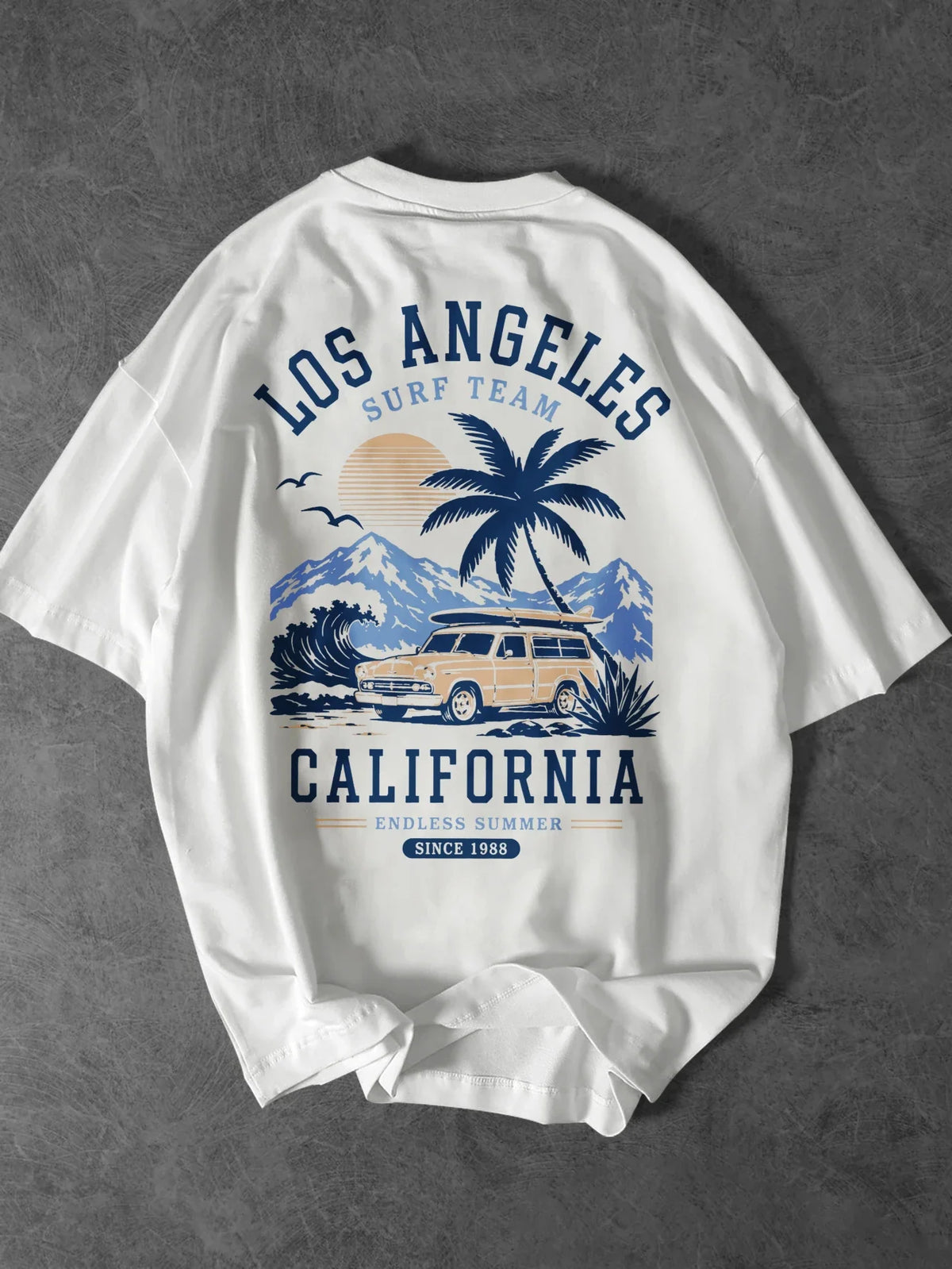 Men's Los Angeles Surf Team T Shirt Cotton California Vintage Palm Tree Car Graphic Print Retro Beach Oversized Streetwear Tee