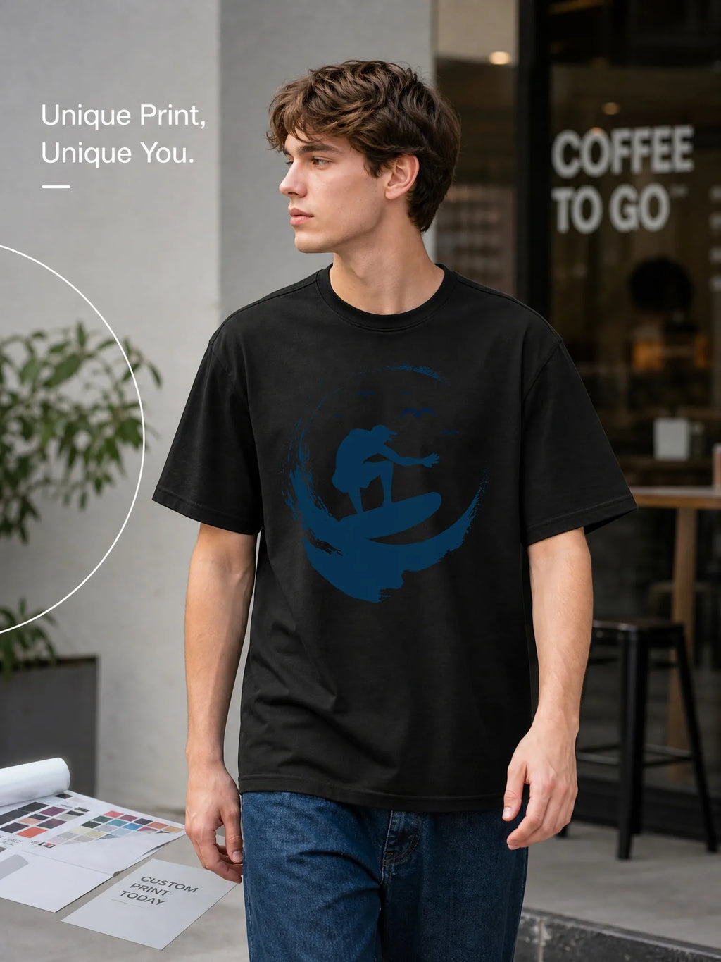 Men's White Loose-Fitting Round-Neck Short-Sleeved T-Shirt with Surf Pattern Print, Casual Street Style, Breathable and Comfortable for Everyday Wear and Beach Outings