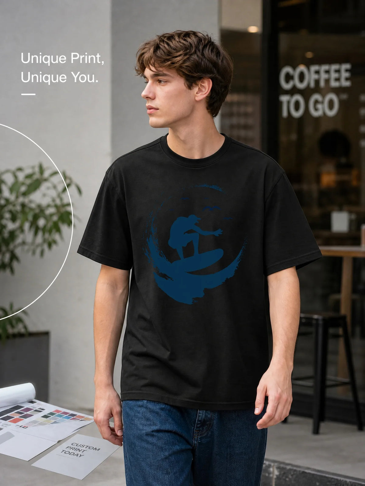 Men's White Loose-Fitting Round-Neck Short-Sleeved T-Shirt with Surf Pattern Print, Casual Street Style, Breathable and Comfortable for Everyday Wear and Beach Outings